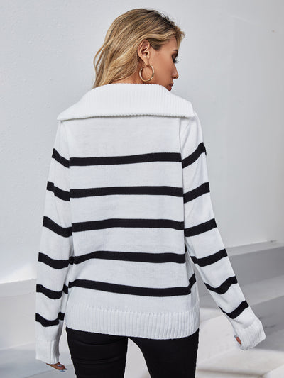 High Neck Striped Long Sleeve Zipper Sweater