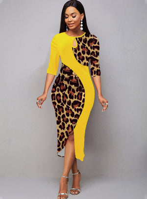Leopard Print Turtleneck Irregular Dress