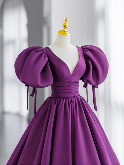 Purple Satin Puff Sleeve V-neck Backless Prom Dress