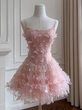 Pink Tulle Butterfly Straps Prom Dress