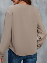 Button V-neck Long Sleeve Solid Color Shirt