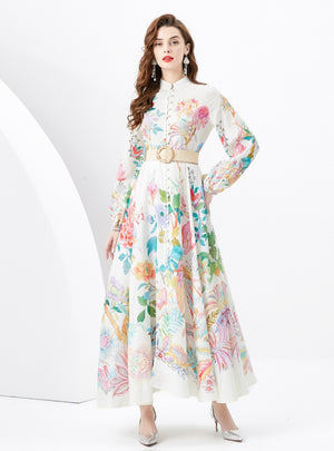 Printed Slim Long Bubble Sleeve Dress