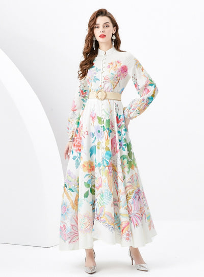 Printed Slim Long Bubble Sleeve Dress