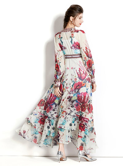 Long Sleeve Retro V-neck Lantern Sleeve Printed Dress