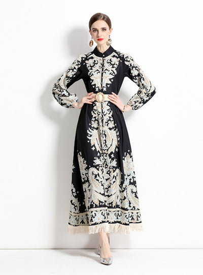 Retro Printed Long Sleeve Fringed Dress
