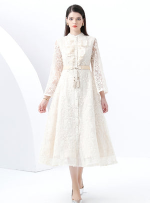 Retro Long Sleeve Lace Long Dress