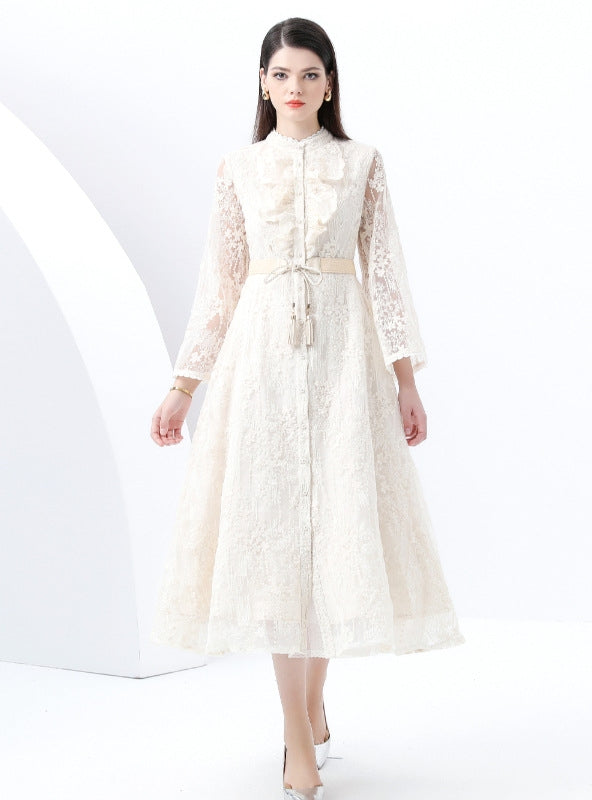 Retro Long Sleeve Lace Long Dress