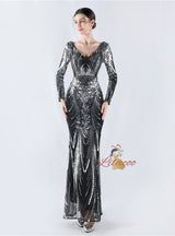 Long Sleeve Sequins V-neck Prom Dress