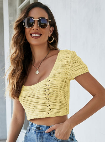 Hollow Cross Backless Short-sleeved Knitted Top