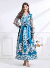 Retro Palace Printed Long Bubble Sleeve Dress