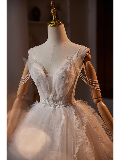 White Tulle Spaghetti Straps Pleats Beading Wedding Dress
