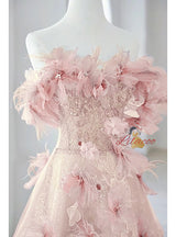 Blue Tulle Sequins Off the Shoulder Flower Prom Dress