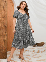 A-line Puff Sleeve Ruffled Print Dress