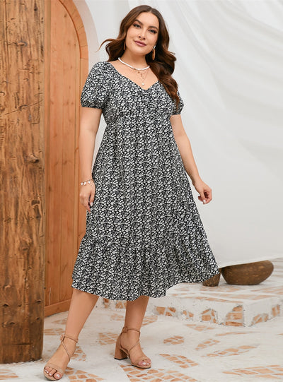 A-line Puff Sleeve Ruffled Print Dress