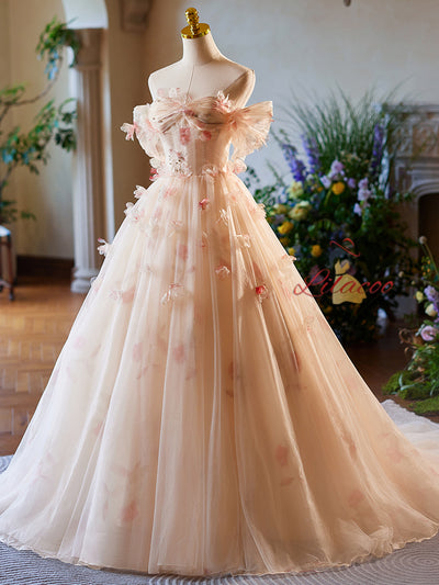 Champagne Tulle Off the Shoulder 3D Flower Prom Dress
