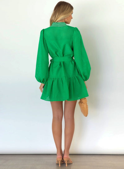 Leisure Lantern Sleeve Plaid See-through Dress