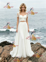 White Two Piece Lace Short Sleeve Wedding Dress