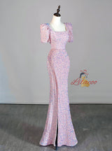 Pink Mermaid Sequins Puff Sleeve Split Prom Dress