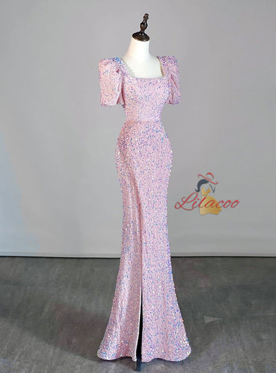 Pink Mermaid Sequins Puff Sleeve Split Prom Dress