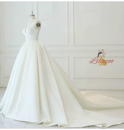 White Ball Gown Satin V-neck Wedding Dress