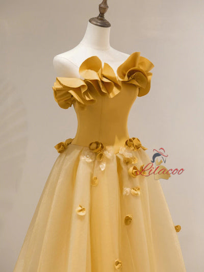 Yellow Strapless Tulle 3D Flower Prom Dress