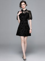 Retro Mesh Stitching Bubble Sleeve Black Dress