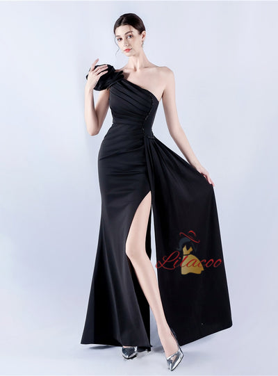 One Shoulder Pleats Flower Prom Dress