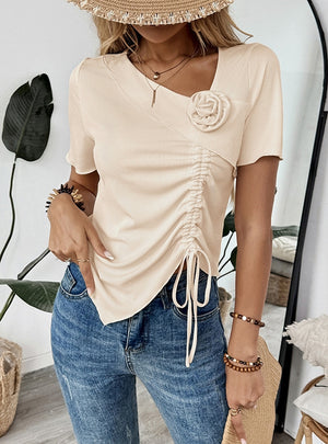 Irregular Drawstring V-neck Short-sleeved Shirt