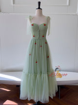 Green Tulle Cherry Pleats Prom Dress