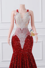 Burgundy Mermaid Sequins Lace Prom Dress