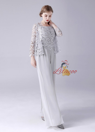 Gray Chiffon Lace Mother Of The Bride Dress