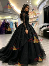 Black Long Sleeve Appliques Quinceanera Dress