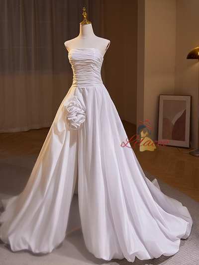 White Satin Pleats Split Wedding Dress