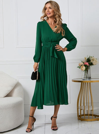 Long Sleeve Slim Pleated Belt V-neck Dress