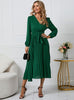 Long Sleeve Slim Pleated Belt V-neck Dress