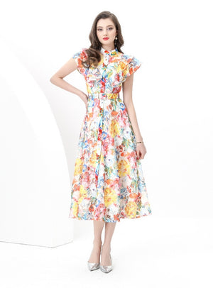 Retro Stand-up Sleeveless Long Printed Dress