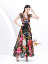 V-neck Slim Breasted Printed Slit Dress