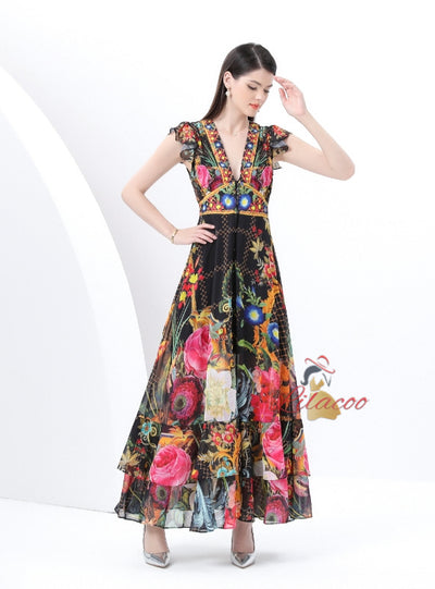 V-neck Slim Breasted Printed Slit Dress