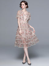 Mesh Beaded V-neck Printed Short-sleeved Dress