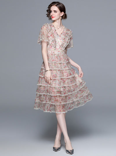 Mesh Beaded V-neck Printed Short-sleeved Dress