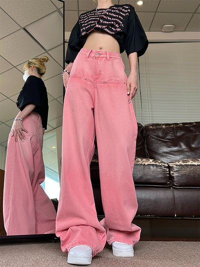 Pink Retro Straight Loose Wide-leg Jeans