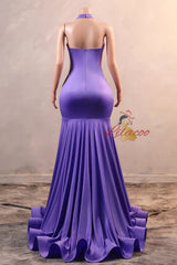 Purple Mermaid Halter Crystal Prom Dress
