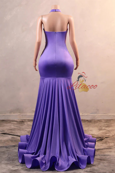 Purple Mermaid Halter Crystal Prom Dress