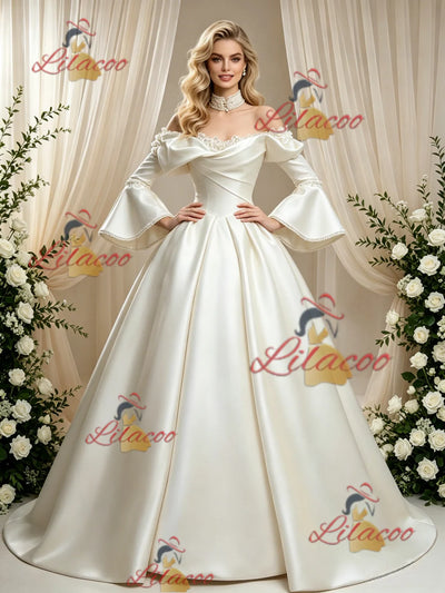 Ivory Satin Long Sleeve Wedding Dress