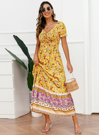 V-neck Puff Sleeves Drawstring Dress