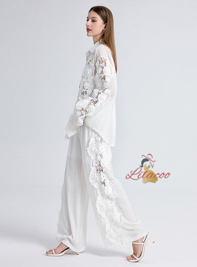 Lapel Stitching Lace Shirt+Wide Leg Pant Suit