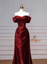 Burgundy Off the Shoulder Pleats Prom Dress