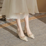 Square-headed Thick-heeled Beaded Wedding Shoes