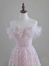 Pink Sequins Off the Shoulder Pearls Prom Dress