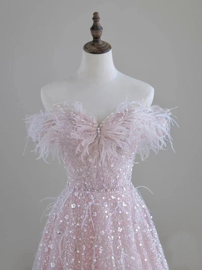 Pink Sequins Off the Shoulder Pearls Prom Dress